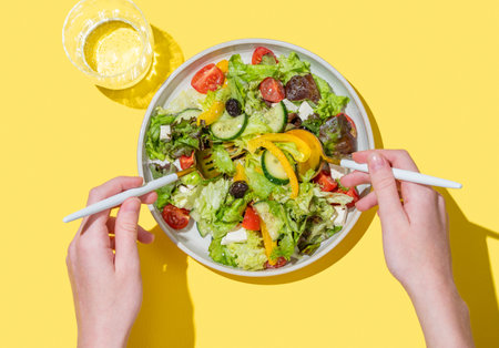 Hands mixed vegetable salad with lettuce, olives and feta cheese with fork and spoon on yellow background with glass of water. Fresh and natural healthy food concept for banner ad or menu layout.の写真素材