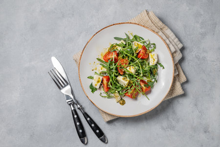 Arugula salad with cherry tomatoes, mozzarella and pesto sauce on a light background with napkin and cutlery. Fresh and healthy Mediterranean food concept. Top view, copy space.の写真素材