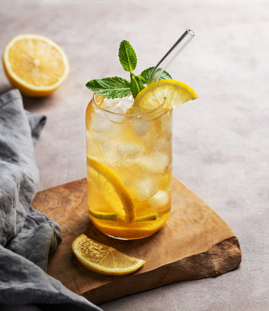 Iced tea with lemon and mint in a glass on a wooden board on a light background with citrus fruits. The concept of a refreshing drink or lemonade on a summer day. Copy space.の写真素材