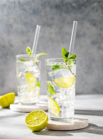 Two glasses mojito cocktail with fresh lime, mint and ice on light background with shadow. Summer refreshing drink concept with citrus fruits. Front view, copy space.の写真素材