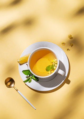Cup of herbal tea with lemon, honey and mint on yellow background with morning shadows. Concept of healthy detox drink for advertising menu or banner cafe. Top view, copy space.の写真素材