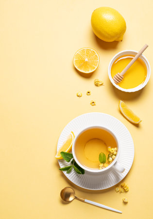 Cup of herbal tea with lemon, honey and mint on yellow background with citrus fruits and morning shadows. Concept of healthy detox drink for advertising menu or banner cafe. Top view, copy space.の写真素材