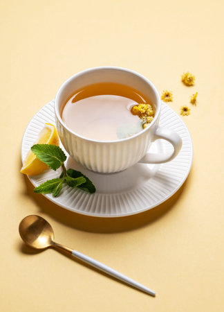 Cup of herbal tea with lemon, honey and mint on yellow background with morning shadows. Concept of healthy detox drink for advertising menu or banner cafe. Copy space.の写真素材