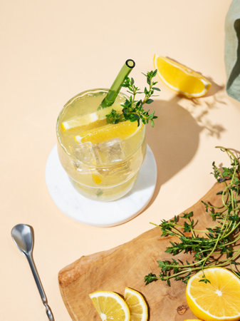 Refreshing mocktail mojito with lemon, lime, thyme and ice. Citrus lemonade on a yellow background with fruits. Summer trendy cold drinks concept. Top view, copy space.の写真素材