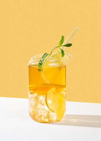 Iced tea with lemon and mint in a glass on a white beige background with shadow. The concept of a refreshing drink or lemonade on summer day. Front view, copy space.の写真素材