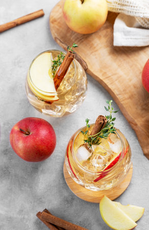 Two glasses of chilled apple cocktail or cider  with ice, garnished with cinnamon and thyme on a light background with slice of fruits. Refreshing drink concept. Top view.の写真素材