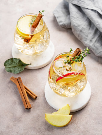 Two glasses of chilled apple cocktail or cider  with ice, garnished with cinnamon and thyme on a marble stand on a light background with slice of fruits. Refreshing drink concept. Top view.の写真素材