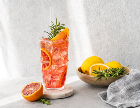 Blood orange cocktail with ice and rosemary on a marble stand on a gray background with citrus fruits. Summer drink concept for cafe menu advertising banner. Front view and copy space.の写真素材