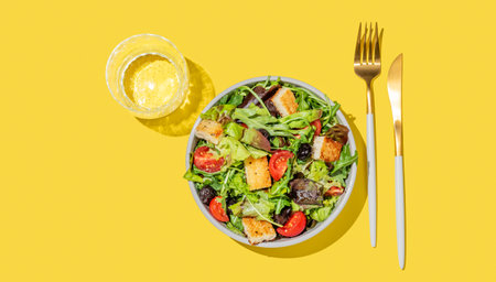 Vegetable salad with lettuce, tomatoes, croutons and olives in a bowl on a yellow background with glass of water and cutlery. Healthy diet food concept  for advertising menu or banner. Top viewの写真素材