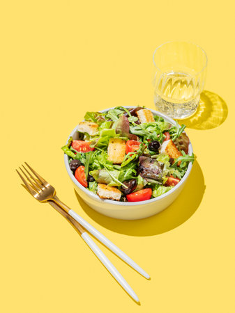 Vegetable salad with lettuce, tomatoes, croutons and olives in a bowl on a yellow background with glass of water and cutlery. Healthy diet food concept  for advertising menu or banner. Copy space.の写真素材