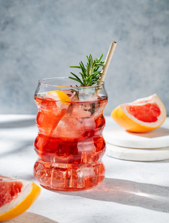 Lemonade with grapefruit, rosemary and ice in a glass on a light background with sunlight. Summer citrus drink or cocktail concept for cafe menu advertising banner. Front view, copy space.の写真素材