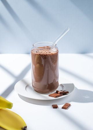 Chocolate smoothie with banana in a glass on a white blue background with morning shadow. Healthy eating and detox diet concept for advertising menu or banner. Front view, copy space.の写真素材