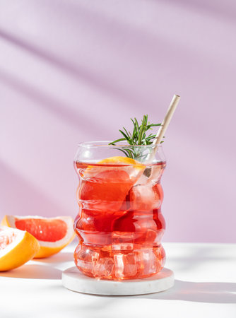 Refreshing mocktail with grapefruit, rosemary and ice in a glass on a white pink background with shadows. Summer citrus drink or lemonade concept for cafe menu advertising banner. Front viewの写真素材