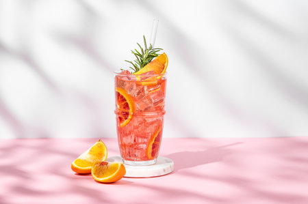Blood orange cocktail with ice and rosemary on a marble stand on a pink white background with shadows. Summer citrus drink concept for cafe menu advertising banner. Front view, copy spaceの写真素材