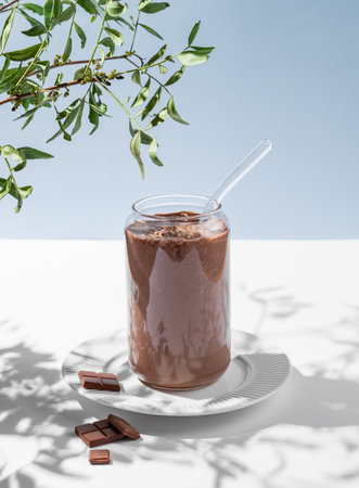 Chocolate smoothie with banana in a glass on a white blue background with morning shadow and branch. Healthy eating and detox diet concept for advertising menu or banner. Front view.の写真素材