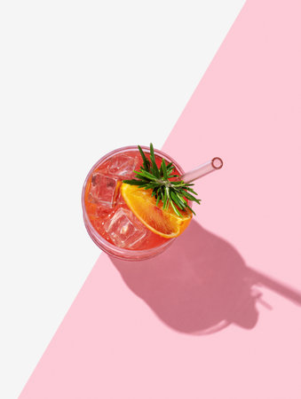 Blood orange cocktail with ice and rosemary on a pink white background with shadows. Summer citrus drink concept for cafe menu advertising banner. Top view, copy spaceの写真素材