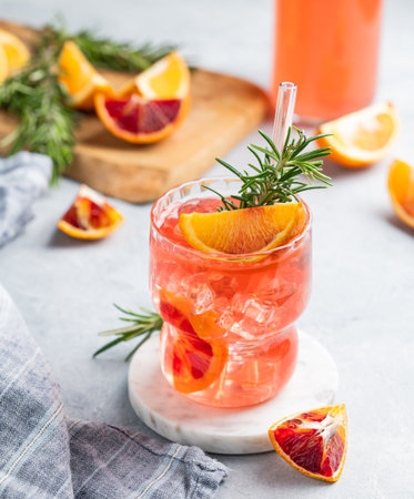 Blood orange cocktail with ice and rosemary  on a light background with citrus fruits and napkin. Summer drink concept for cafe menu advertising banner.の写真素材