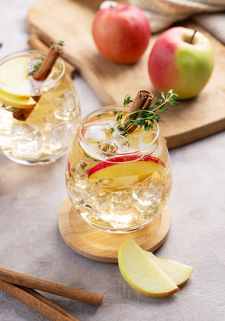 Two glasses of chilled apple cocktail or cider  with ice, garnished with cinnamon and thyme on a light background with slice of fruits. Refreshing drink concept.の写真素材