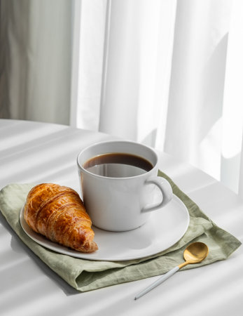 Cup of espresso coffee and fresh croissant on napkin on white table near window with morning shadows. Advertising banner for menu or healthy food and french breakfast concept. Copy space.の写真素材