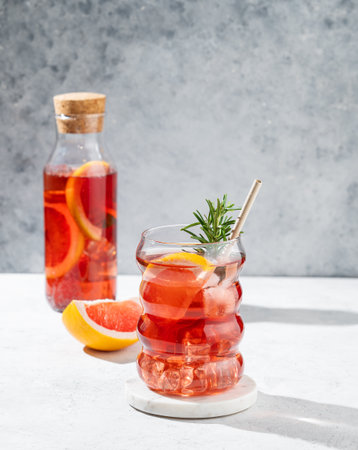 Lemonade  with grapefruit, rosemary and ice in a glass on a light background with shadows and bottle. Summer citrus drink or cocktail concept for cafe menu advertising banner. Front view, copy space.の写真素材