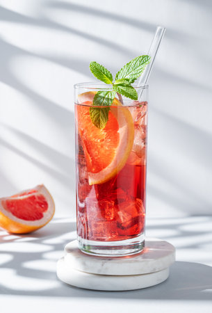 Refreshing cocktail with grapefruit, mint and ice in a glass on a marble stand on a light background with shadow. Summer citrus drink or lemonade concept. Front view and copy space.の写真素材