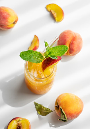 Peach drink or tea with ice, mint in a glass on a white table with fresh fruits and sunlight. Refreshing summer cocktail concept for bar or cafe menu. Top view, copy space.の写真素材