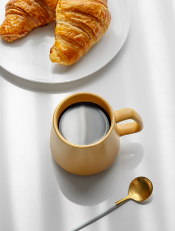 Coffee espresso in yellow cup and fresh croissants on a white background with morning shadows and spoon. Creative layout and concept of healthy food and french breakfast. Top view, copy space.の写真素材