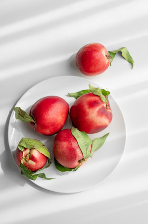 Fresh red peaches or nectarines with green leaves, on plate on white table and sunlight from window. Healthy and wholesome food concept, organic fruits. Top view, copy space.の写真素材