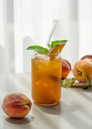 Ice tea with peach, mint in a glass on a white table near window with fresh fruits and shadow. Refreshing healthy summer drink concept for bar or cafe menu. Front view, copy space.の写真素材