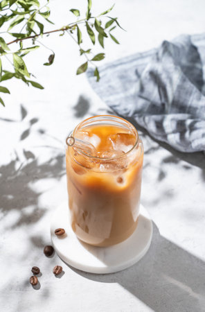 Ice latte coffee in a glass with milk on a light background with coffee beans, branch and morning shadows. Trendy summer craft refreshing drink concept. Top view, copy space.の写真素材