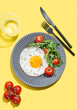 Fried eggs with arugula and cherry tomatoes on a dark plate on a bright yellow background with cultery and glass of water. Healthy breakfast concept for advertising menu or banner cafe. Top view, copy space.の写真素材