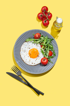 Fried eggs with arugula and cherry tomatoes on a dark plate on a yellow background with cultery and...