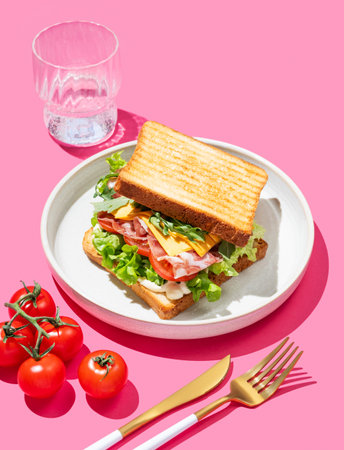 Toast bread sandwich with bacon, cheese, tomatoes, lettuce, arugula and sauce on a plate on a pink background with glass of water and cutlery. Breakfast concept for menu advertising or healthy food banner.の写真素材