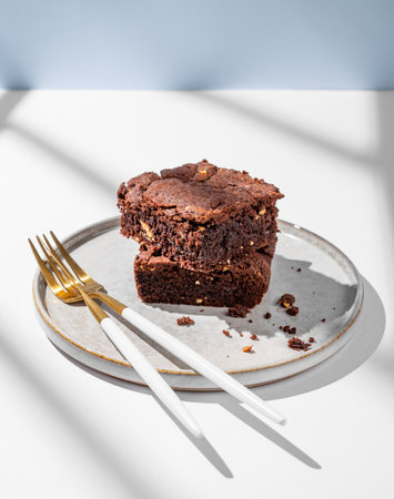 Chocolate brownie with nuts cut into pieces on a plate on a light background with cutlery and shadows. Homemade sweet baking concept. Front view, copy space.の写真素材
