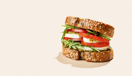 Sandwich of grain bread with tomatoes, mozzarella, arugula and pesto on bright beige background with...