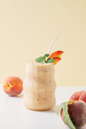 Smoothie with peach and banana in a glass on a yellow white background with tropical fruits. Healthy eating and detox diet concept for advertising menu or banner cafe. Front view, copy space.の写真素材