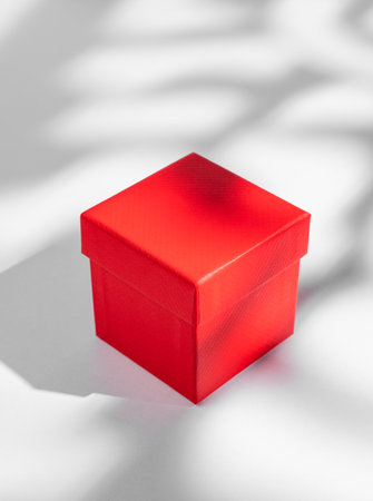 Red box on a white background with soft shadows. Concept of a gift for a holiday, a surprise or a sign of attention to a close loved one. Front view, copy space.の写真素材