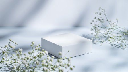 White square box on a blue background with gypsophila flowers and shadows. Minimalistic packaging concept or mockup for product advertising. Front view, copy space.の写真素材