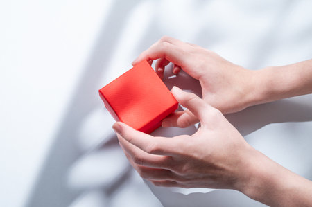 Female hands holding a small red box on a light background with soft shadows. Concept of a gift for a holiday; a surprise or a sign of attention to a close loved one. Top view; copy space.の写真素材