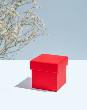 Red box on a white and blue background with gypsophila flowers and soft shadows. Concept of a gift...