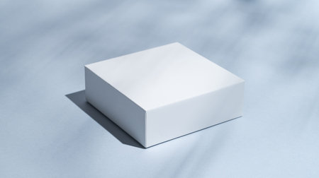 White square boxes on a blue background with shadows close up. Minimalistic packaging concept or...