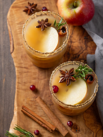 Two glasses of hot apple cider with cinnamon, anise, brown sugar and rosemary on a wooden background with cranberry and fruit. Concept a traditional, spicy, warming drink for fall and winter. Top view, copy space.の写真素材