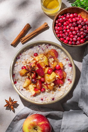 Overnight oatmeal with apples, cranberries, and cinnamon in a bowl on a light background with honey and morning shadows. Concept for a healthy vegan meal or breakfast snack. Top view, copy space.の写真素材