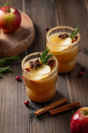 Two glasses of hot apple cider with cinnamon, anise, brown sugar and rosemary on a wooden background with cranberry, herb and fruit. Concept a traditional, spicy, warming drink for fall and winter. Copy space.の写真素材