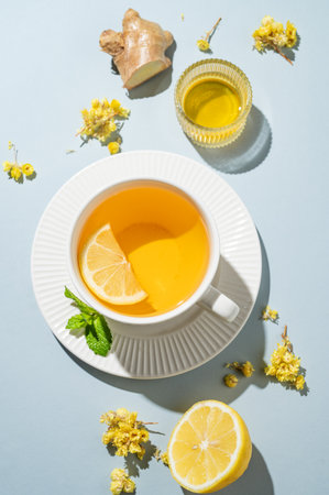 Hot tea with lemon, ginger, honey, and mint in a cup on a blue background with citrus fruits, dry flower and shadows. A drink concept for supporting immunity and health. Advertising banner or cafe menu. Top view, copy space.の写真素材