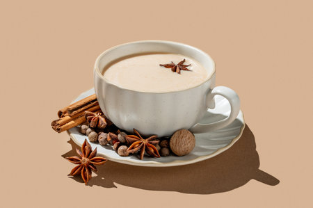 Traditional Indian masala chai tea with milk and spices in a cup on a beige background with cinnamon, anise and shadows. A cozy hot drink concept for a menu or banner for an ethnic cafe or restaurant. Front view, copy space.の写真素材