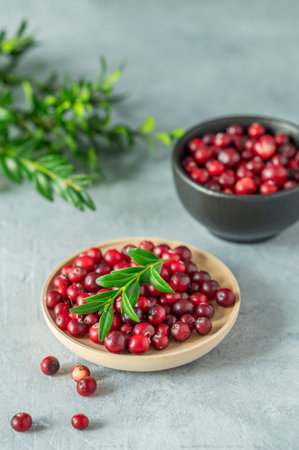 Fresh cranberries in a wooden bowl on a blue background with green branch and natural light. Concept...