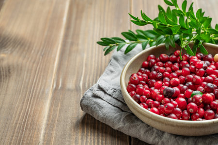 Fresh cranberries in a dark bowl on a wooden background with green branch and napkin close up. Concept of healthy natural wild berries in rustic style for advertising banner. Front view, copy space.の写真素材