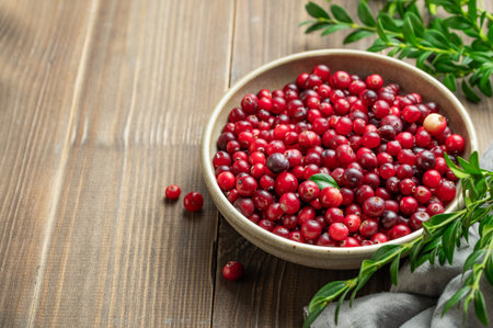 Fresh cranberries in a dark bowl on a wooden background with green branch and napkin close up. Concept of healthy natural wild berries in rustic style for advertising banner. Top view, copy space.の写真素材