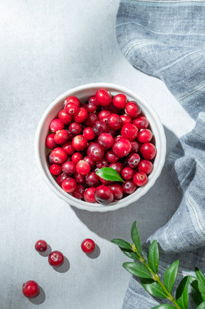 Fresh cranberries in a white bowl on a light background with green branch, napkin and sunlight. Concept of healthy natural wild berries. Top view, copy space.の写真素材